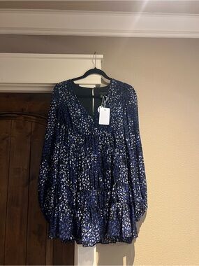 Ted Baker Navy Blue Floral Tiered Long-Sleeve Dress